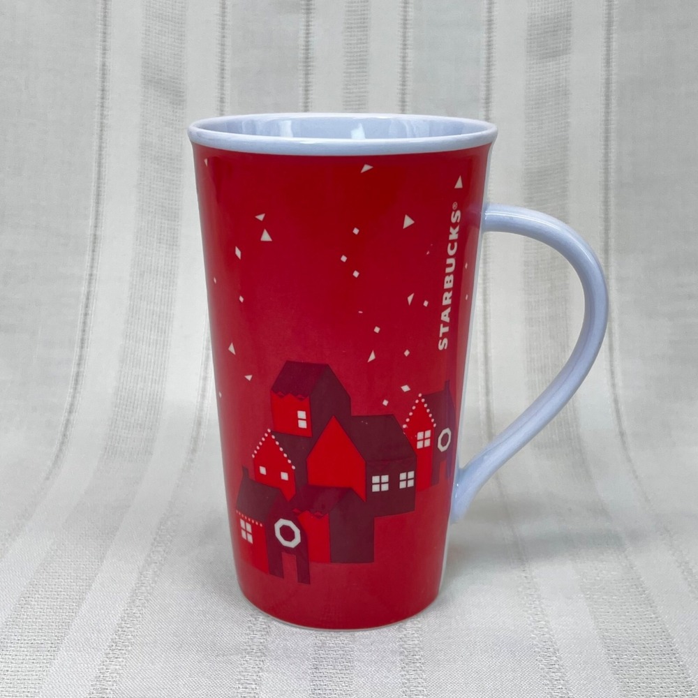 Starbucks Tumbler Mug 12 Oz Handle 2013 Red Holiday Village Scene Christmas